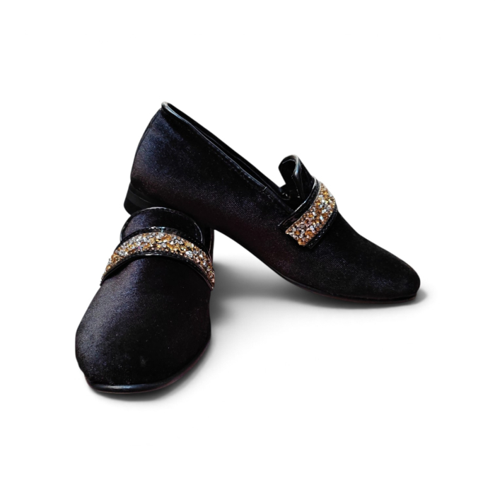 Pantofi Eleganți MOCASIN Catifea / Piele Negră & Detalii Cristale Daurite Copii – Piele Naturală la Comandă [2]