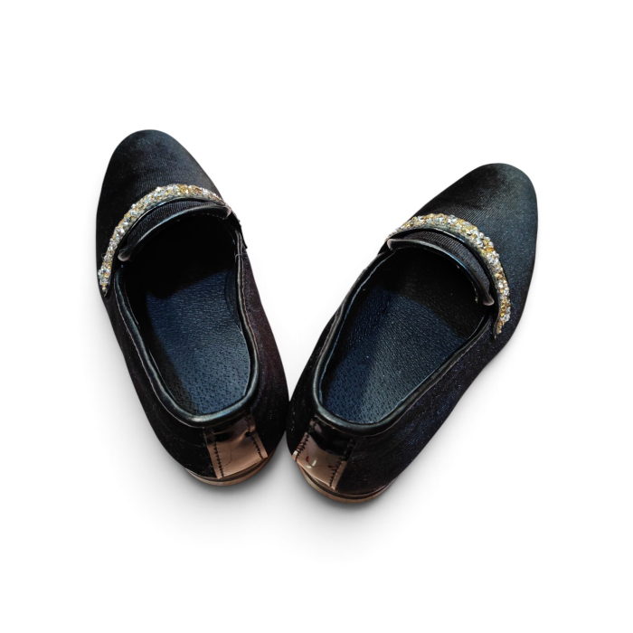 Pantofi Eleganți MOCASIN Catifea / Piele Negră & Detalii Cristale Daurite Copii – Piele Naturală la Comandă [3]