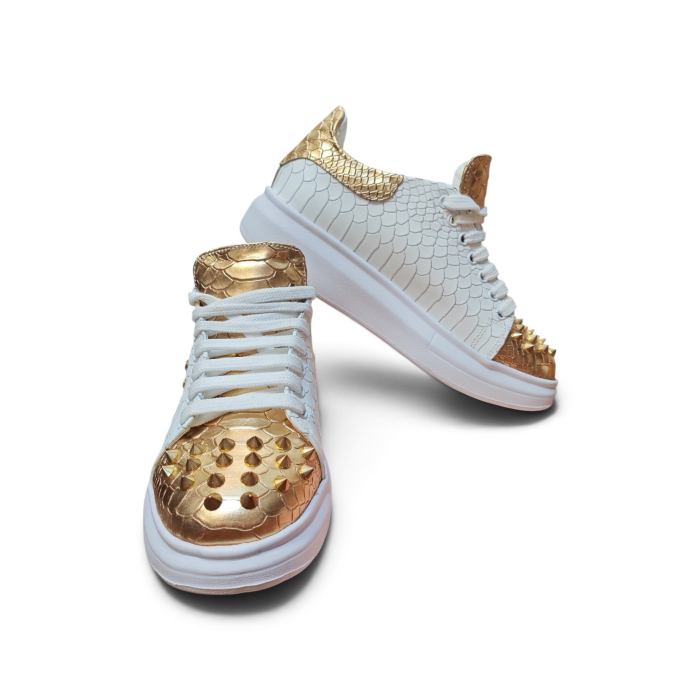 Adidași Copii Piele Naturală Imprimată Sarpe Alb & Aurie cu Ținte și Plăcuță Metalică [2]