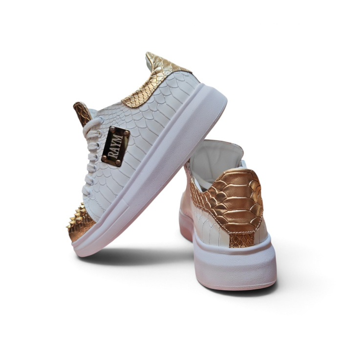 Adidași Copii Piele Naturală Imprimată Sarpe Alb & Aurie cu Ținte și Plăcuță Metalică [3]