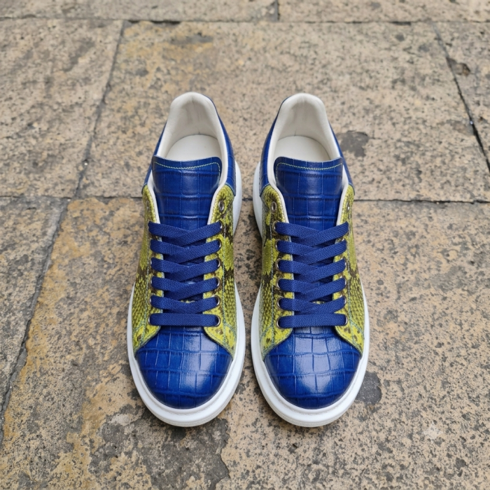 Adidași din Piele Naturală pentru Copii – Verde Neon & Albastru Royal (Textură Șarpe) [2]