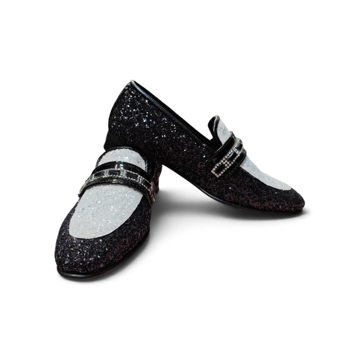 Pantofi Elegant MOCASIN Glitter Negru & Argintiu Copii – Piele Naturală la Comandă [2]