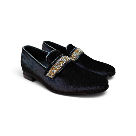 Incaltaminte pentru copii, la comanda - Pantofi Eleganți MOCASIN Catifea / Piele Negră & Detalii Cristale Daurite Copii – Piele Naturală la Comandă