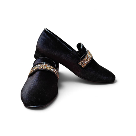 Pantofi Eleganți MOCASIN Catifea / Piele Negră & Detalii Cristale Daurite Copii – Piele Naturală la Comandă [1]