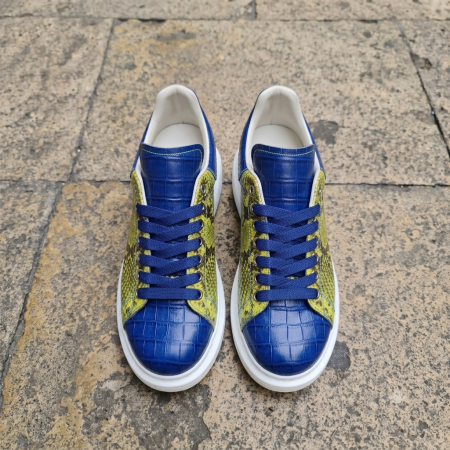 Adidași din Piele Naturală pentru Copii – Verde Neon & Albastru Royal (Textură Șarpe) [1]