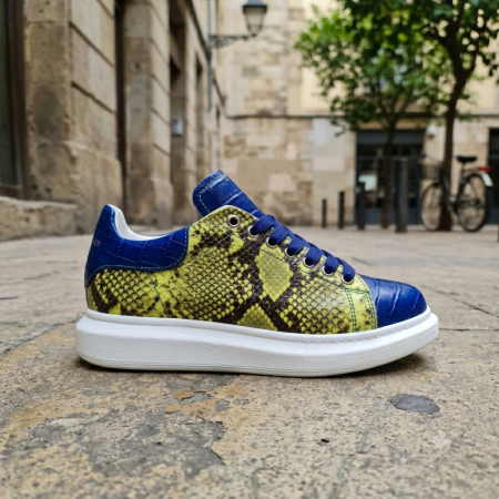 Incaltaminte pentru copii, la comanda - Adidași din Piele Naturală pentru Copii – Verde Neon & Albastru Royal (Textură Șarpe)