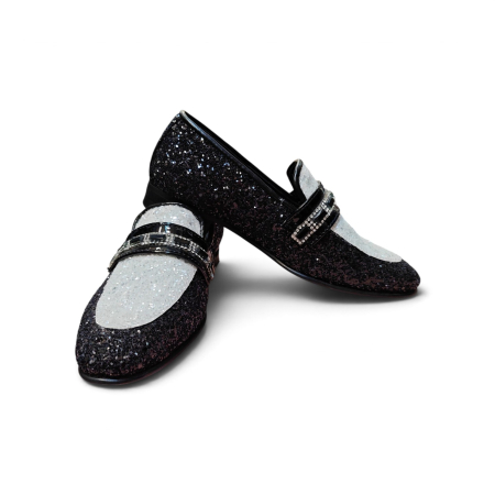Pantofi Elegant MOCASIN Glitter Negru & Argintiu Copii – Piele Naturală la Comandă [1]
