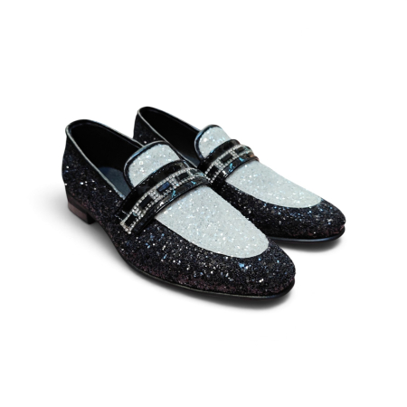 Incaltaminte pentru copii, la comanda - Pantofi Elegant MOCASIN Glitter Negru & Argintiu Copii – Piele Naturală la Comandă