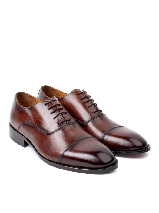 Pantofi de piele pentru bărbați Oxford Cap Toe Burgundy Brown Patinat Manual [3]