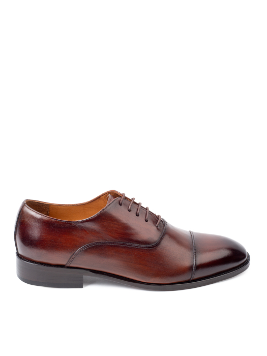 Pantofi de piele pentru bărbați Oxford Cap Toe Burgundy Brown Patinat Manual [2]