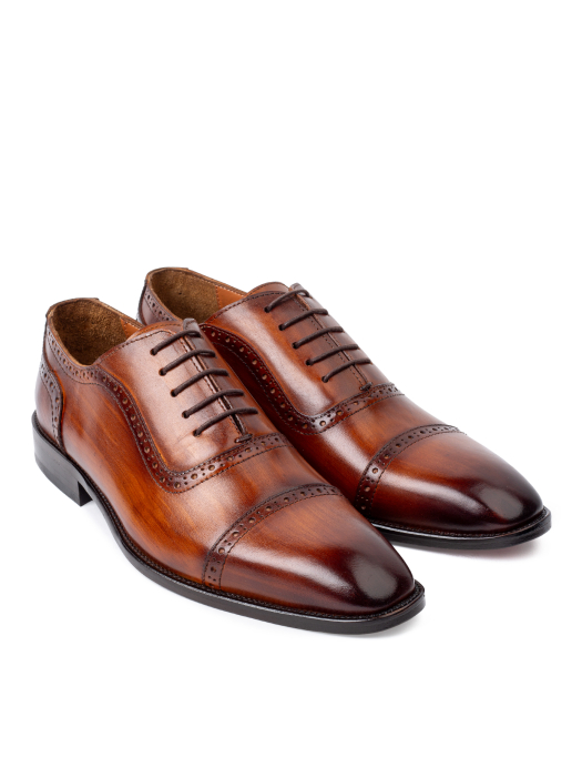 Pantofi de piele pentru bărbați Oxford Cap Toe Cognac Patinat Manual [3]
