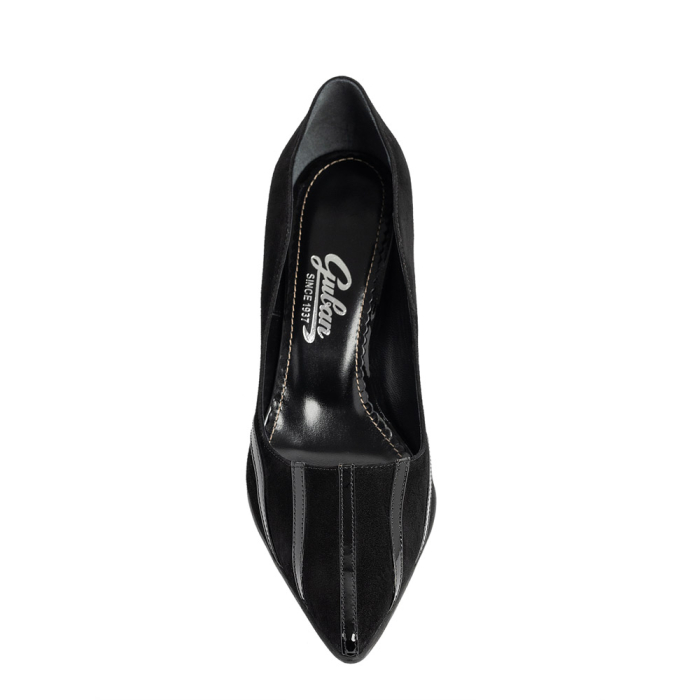 Pantofi damă stiletto Guban, velur negru cu inserții lac, vârf ascuțit, toc 7 cm – model 1532 [3]
