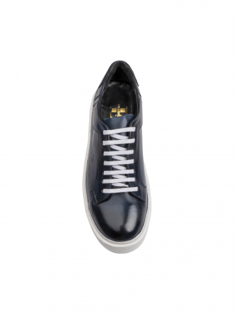 SmartCausal - Hand Painted Azulo Marino Manuscript Sneakers – Piele Naturală, Construcție Manuală, Detalii Exclusiviste