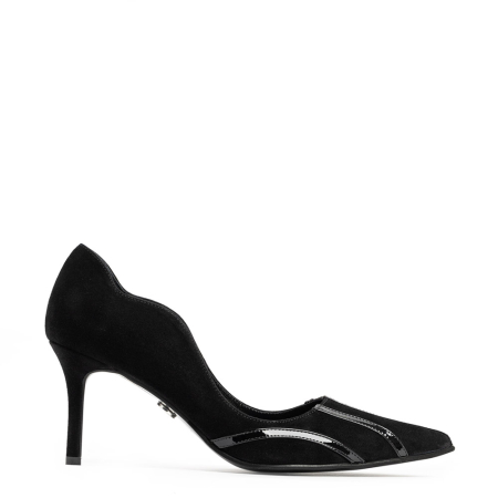Pantofi - Pantofi damă stiletto Guban, velur negru cu inserții lac, vârf ascuțit, toc 7 cm – model 1532