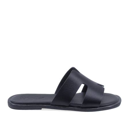 Papuci - Papuci casual damă Anna Viotti din piele naturală box, negru, toc pătrat de 1 cm - D58-2317