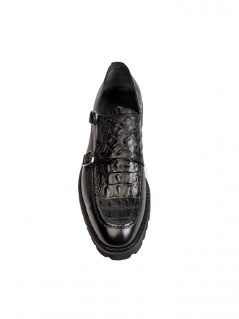 DubleMonk - Scaled All Black Double Monk Strap – Piele Naturală, Construcție Manuală, Detalii Exclusiviste