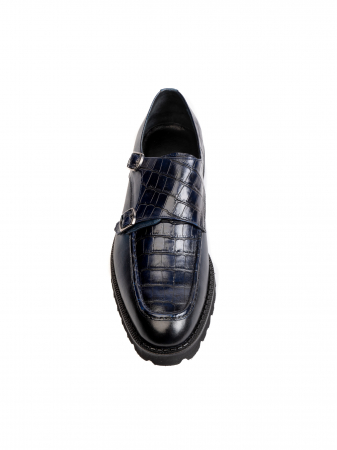 DubleMonk - Scaled Dark Navy Blue Double Monk Strap – Piele Naturală, Construcție Manuală, Detalii Exclusiviste