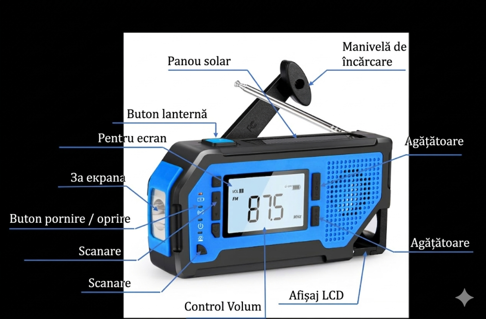 Radio de urgenta, radio AM/FM portabil solar, 4 surse de alimentare, alimentat cu baterii, cu lanterna LED, ecran LCD, alarma SOS, 2000 mAh - Albastru [5]