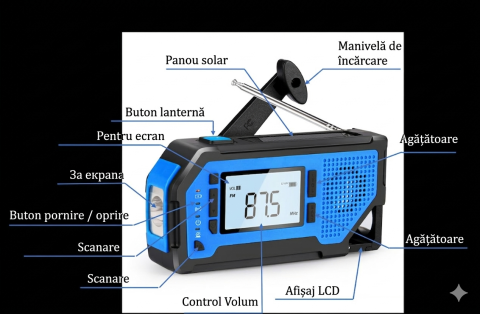 Radio de urgenta, radio AM/FM portabil solar, 4 surse de alimentare, alimentat cu baterii, cu lanterna LED, ecran LCD, alarma SOS, 2000 mAh - Albastru [4]