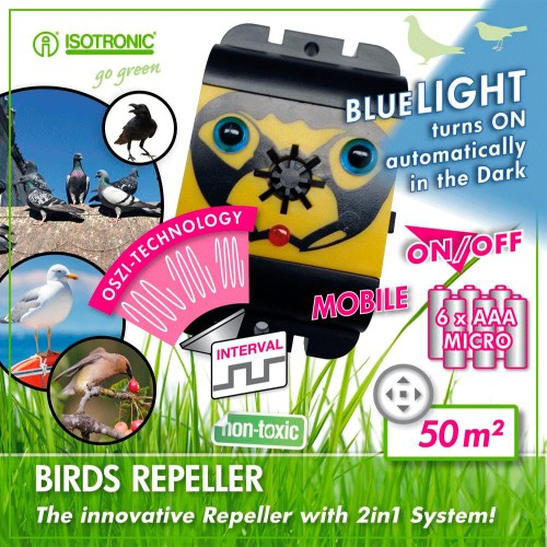 Dispozitiv portabil pe baterii, cu ultrasunete și indicator LED, pentru alungarea eficientă a păsărilor – porumbei, ciori, vrăbii – din spații interioare. Acoperă până la 50 m². [2]