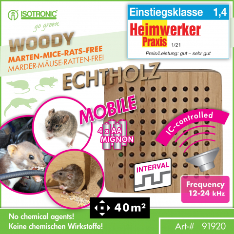 Aparat cu Ultrasunete Anti Rozătoare Mobil – WOODY, Șoareci, Șobolani, Jderi, 40mp, Pe Baterii [1]