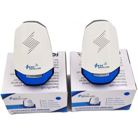 Șoareci și Șobolani - SET 2 x Aparat cu ultrasunete Pest Repeller Alb-Albastru – Protecție Rozătoare și Insecte Târâtoare – 100-150 m²