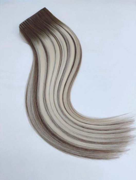 Extensii Tape In Par Natural Remy 60 Cm Ballayage Ciocolatiu/Blond Gri [2]