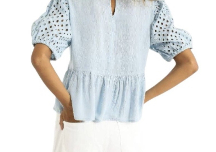 Bluza Dama Pimkie din Bumbac cu Maneci Bufante Brodate si Volan, Albastru Bleu [2]