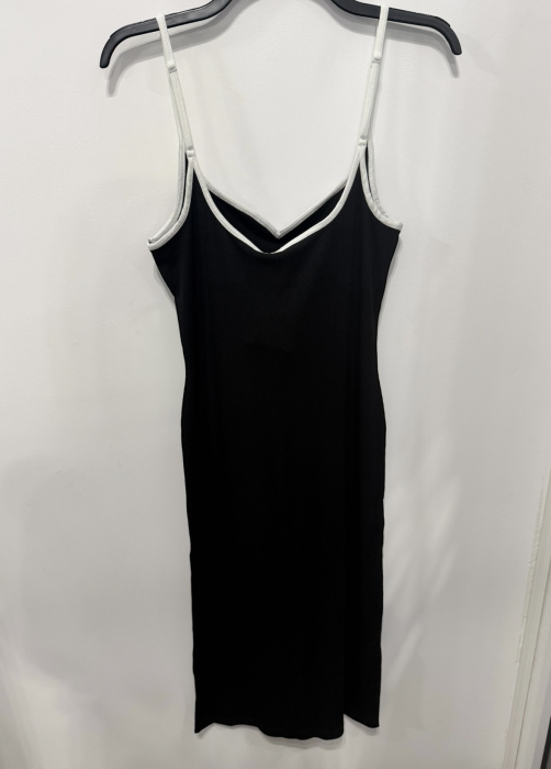 Rochie Dama Vero Moda Midi din Tricot Fin Striat cu Bretele Subtiri, Negru cu Bordura Alba [3]