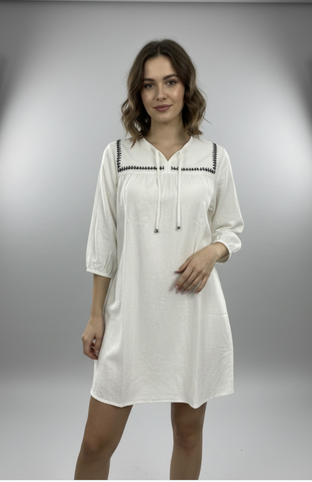 Rochie Tip Tunica Dreimaster din Bumbac cu Broderie Marina si Sireturi, Alb Off-White [2]
