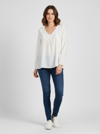 Bluză Damă ICHI Albă cu Decolteu în V și Volane – Eleganță și Confort Casual [2]