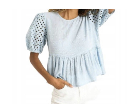 Bluze & Tricouri - Bluza Dama Pimkie din Bumbac cu Maneci Bufante Brodate si Volan, Albastru Bleu