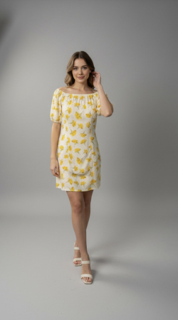 Rochii - Rochie Dama de Vara din Viscoza cu Imprimeu Floral Galben, Crem Off-White