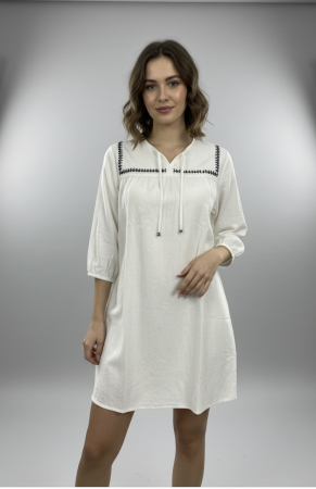 Rochie Tip Tunica Dreimaster din Bumbac cu Broderie Marina si Sireturi, Alb Off-White [1]