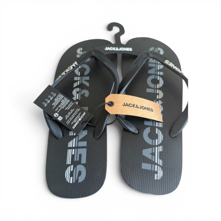 Papuci - Slapi Barbati Jack and Jones Tip Flip-Flops pentru Plaja si Piscina, Negru cu Logo Gri