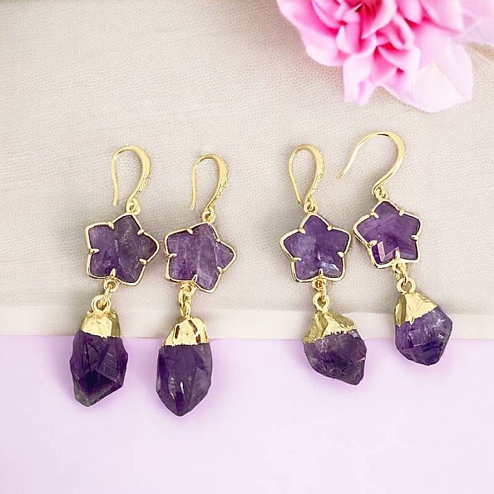 Alege eleganta cu noii cercei din Ametist, piatra bruta, placati cu aur de 18K [6]