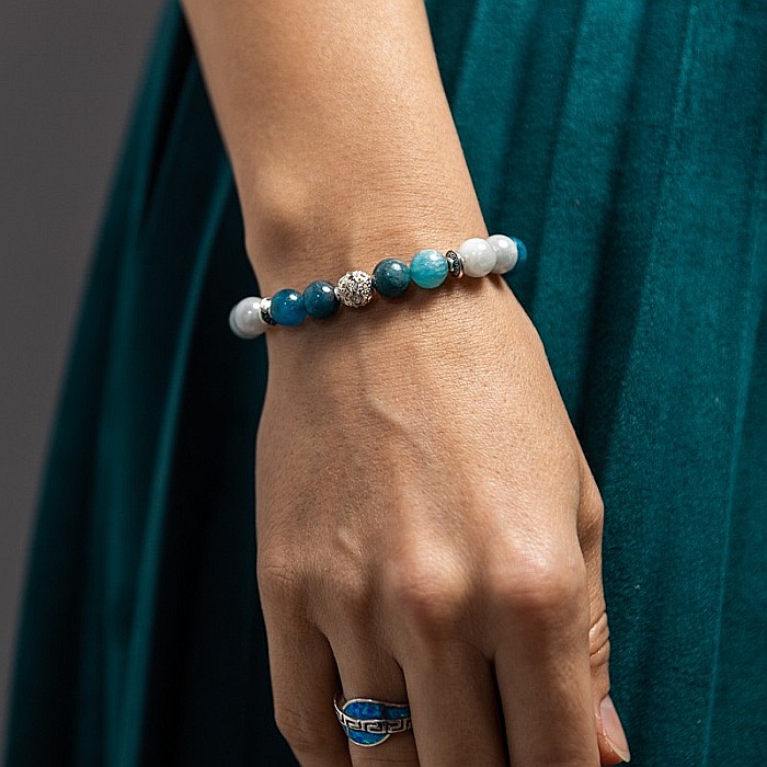 Anabela, bratara pietre semipretioase din Angelit Electroplate si Apatit Albastru, sfere de 8 mm [3]