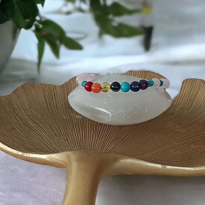 Bratara 7 Chakre Olea cu snur din cristale naturale Cuart Roz de Madagascar 6mm [3]