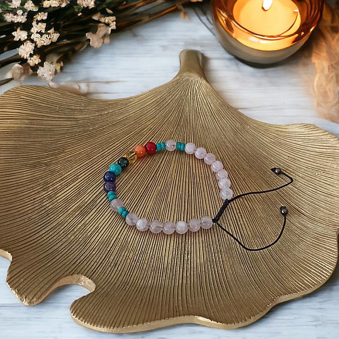 Bratara 7 Chakre Olea cu snur din cristale naturale Cuart Roz de Madagascar 6mm [7]