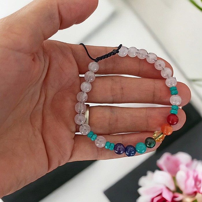 Bratara 7 Chakre Olea cu snur din cristale naturale Cuart Roz de Madagascar 6mm [2]