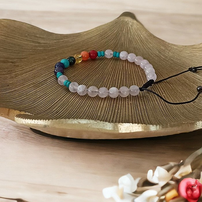 Bratara 7 Chakre Olea cu snur din cristale naturale Cuart Roz de Madagascar 6mm [5]