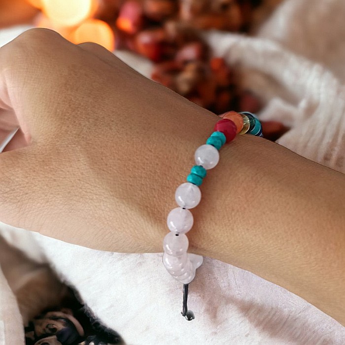 Bratara 7 Chakre Olea cu snur din cristale naturale Cuart Roz de Madagascar 6mm [8]