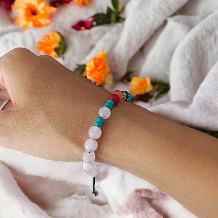 Bratara 7 Chakre Olea cu snur din cristale naturale Cuart Roz de Madagascar 6mm [11]