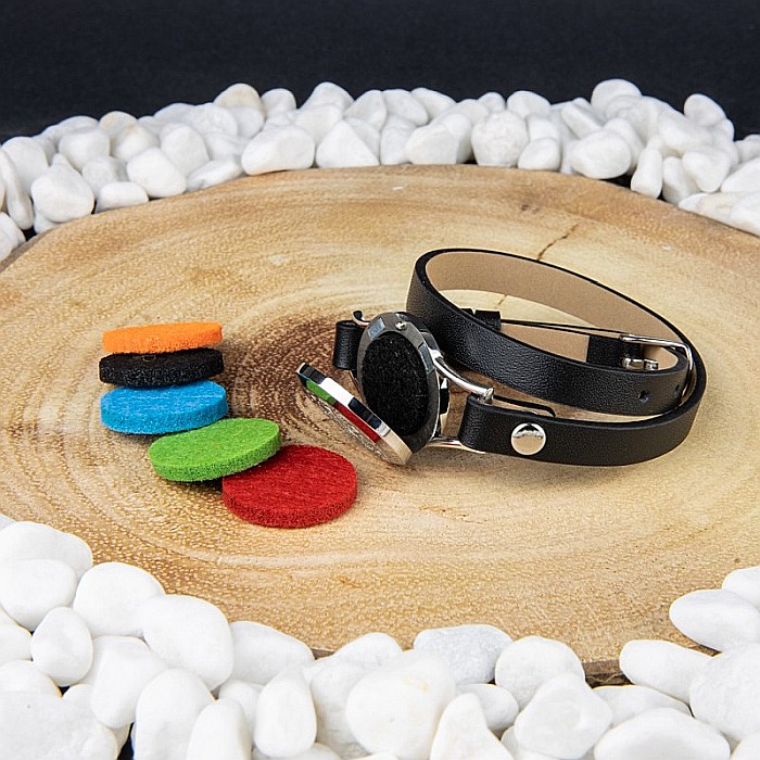 Bratara Aromaterapie, Curea din Piele Ecologica, Neagra, Dubla, cu Model Tree of Life Zircon [5]