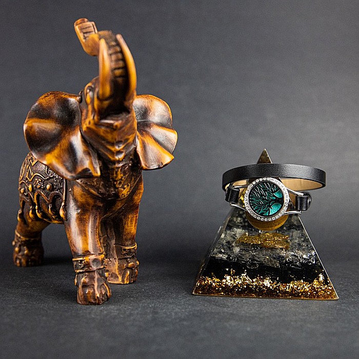 Bratara Aromaterapie, Curea din Piele Ecologica, Neagra, Dubla, cu Model Tree of Life Zircon [7]