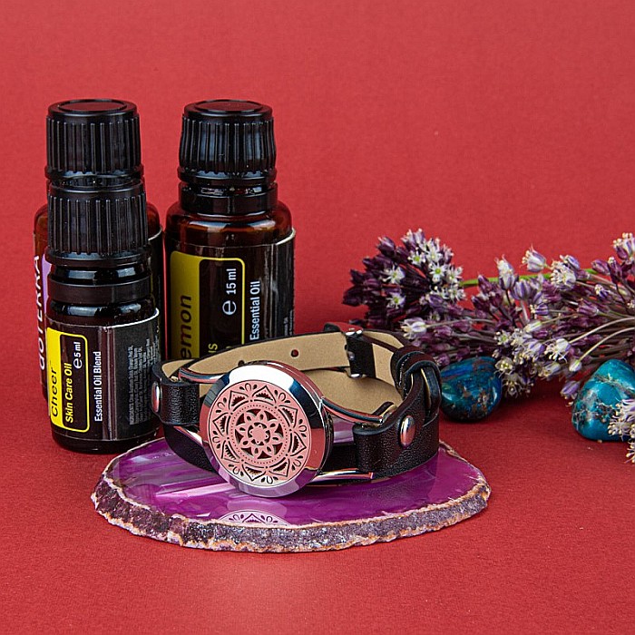 Bratara Aromaterapie, Curea din Piele Ecologica, Neagra, Dubla, cu Model Mandala [4]