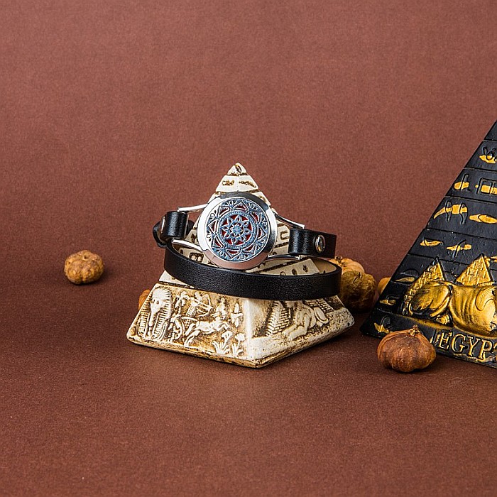 Bratara Aromaterapie, Curea din Piele Ecologica, Neagra, Dubla, cu Model Mandala [6]