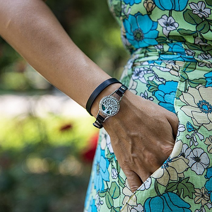 Bratara Aromaterapie, Curea din Piele Ecologica, Neagra, Dubla, cu Model Tree of Life Zircon [2]