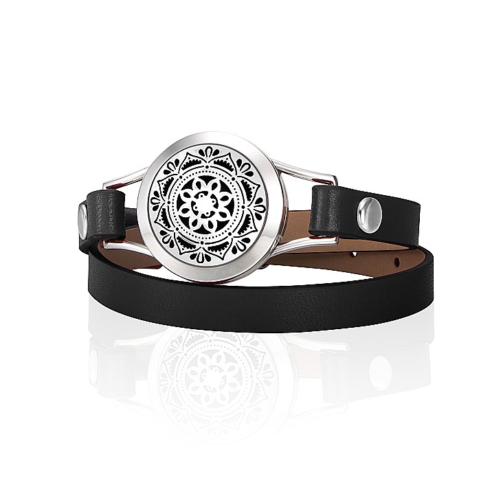 Bratara Aromaterapie, Curea din Piele Ecologica, Neagra, Dubla, cu Model Mandala [1]