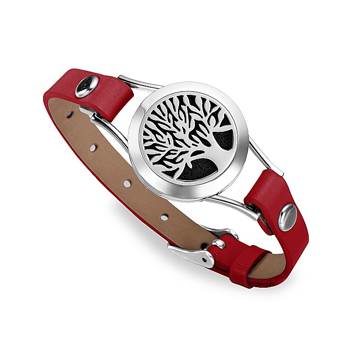 Bratara Aromaterapie, Curea din Piele Ecologica, Rosie, Simpla, cu Model Tree of Life [1]